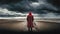 Generative AI conceptual illustraion of single person on moody beach in contrasting red coat to depict loneliness or depression or