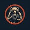 Generative AI. Creative image - Profession wildlife photographer. Logo - bear with a vintage retro camera on a dark blue