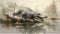 Generative AI, Croc\\\'s Ambush: Watercolor Drawing of a Crocodile Hunting in a Murky Swamp