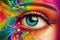 Generative AI. Crop of female eye with colorful make up. Beautiful fashion model with creative art makeup. Abstract colourful