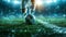 Generative AI Cropped image of running soccer, football player at stadium during football match. Concept of sport,