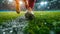 Generative AI Cropped image of running soccer, football player at stadium during football match. Concept of sport,