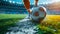 Generative AI Cropped image of running soccer, football player at stadium during football match. Concept of sport,