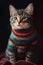 Generative AI. Cute cat in a striped sweater. Funny cat in clothes