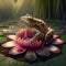 Generative AI: cute frog on a waterlilly in a pond with flowers