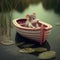 Generative AI: cute mouse in a fantasy boat with waterlilly in a pond