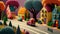 Generative AI, cute street made of crochet, houses, trees, road, cars. Soft colors, dreamy scene cityscape made of crochet