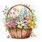 Generative AI Cute watercolor basket with spring flowers on white background