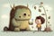 Generative AI of cute whimsical characters in childrens illustration of children interacting with scary but cute monsters