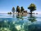 Generative AI. Detached house situated in the middle of a crystal clear lake surrounded by trees on a sunny day