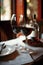 Generative AI dining table for two people. Bottle of red wine and two glasses. bokeh blurred background