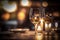 Generative AI dining table for two people. Bottle of red wine and two glasses. bokeh blurred background