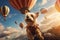 Generative AI The dog travels in the mountains and admires colorful hot air balloons at sunset. Norwich Terrier explorer