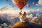 Generative AI The dog travels in the mountains and admires colorful hot air balloons at sunset. Welsh Corgi Pembroke