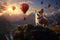 Generative AI The dog travels in the mountains and admires colorful hot air balloons at sunset. Welsh Corgi Pembroke