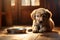 Generative AI Dog is waiting for food in the kitchen, its eyes sad. Golden retriever puppy is lying next to a bowl that