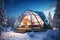 Generative AI Domed house with panoramic windows and a great view of night sky with stars. Camping in north in winter