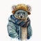 Generative AI drawing of adorable koala with glasses, winter dress and white background