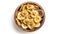 Generative AI Dried banana chips in wooden bowl isolated on white background with full depth of field Top view Fla