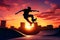 Generative AI : Dynamic Shot of a Skateboarder Performing a Trick in a City Skate Park at Sunset