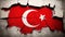 Generative AI, earthquake in Turkey banner, Turkish flag on broken concrete, cracked ground. Catastrophic concept, calamity that