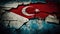 Generative AI, earthquake in Turkey banner, Turkish flag on broken concrete, cracked ground. Catastrophic concept, calamity that