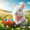 Generative AI Easter Bunny with eggs in meadow