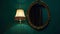 Generative AI Elegant retro lamp hanging next to a mirror on dark green wall Interior design and home staging busi