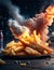 Generative ai English fish and chips dish food on fire. Fries with fish dinner cinematic look.