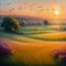 Generative AI, Evening sunset countryside fields and woods in oil painting style