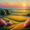 Generative AI, Evening sunset countryside fields and woods in oil painting style