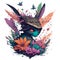 Generative AI Fantasy art. Close-up grasshopper face wearing a samurai costume surrounded by flowers and leaves.