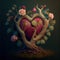 Generative AI: fantasy heart made of roses and tree roots