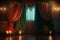 Generative AI of fantasy interior with red curtains and glowing candles