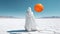 Generative AI. A female figure in a white clothes with a hood and flying big orange balloon. Blue sky and desert. Conceptual,