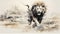 Generative AI, Fierce Pursuit: Watercolor Drawing of a Lion Chasing