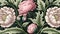 Generative AI, Floral colorful pattern. William Morris inspired natural plants and pink peony flowers background, vintage