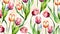 Generative AI. Flower pattern with tulips, pastel watercolor Illustration. Horizontal wide subtitle, cover. copy space