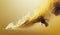 Generative AI, Flowing light yellow smoke with splashes. Soft fluid banner, spring female mood, 3D effect, modern macro realistic