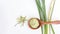 Generative AI Fresh lemongrass leaf with dry lemongrass slice and lemon grass powder in wooden spoon isolated on w