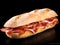 Generative AI. Freshly Baked Baguette Sandwich With Sliced Prosciutto on a Black Background