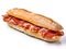 Generative AI. Freshly Baked Baguette Sandwich With Sliced Prosciutto on a White Background