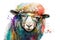 Generative AI. Funny sheep with glasses, animal portrait. Watercolor illustration. Farm animal