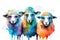 Generative AI. Funny sheeps with glasses, animal portrait. Watercolor illustration. Farm animals