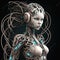 Generative AI. Futuristic female humanoid robot with lots of metal wires. A Technological Future