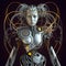 Generative AI. Futuristic female humanoid robot from which many metal wires depart. Future