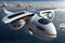 Generative AI. Futuristic solar panel airplane. Sustainable renewable energy