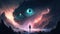 Generative AI, Glowing huge Space Nebula eye, creature emerging from a vast liquid wet swamp illustration, banner template, cosmic
