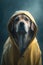 Generative AI. Golden Retriever dog in bright yellow raincoat on a rainy day