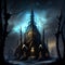 Generative AI: gothic landscape in blue tones with lonely castle